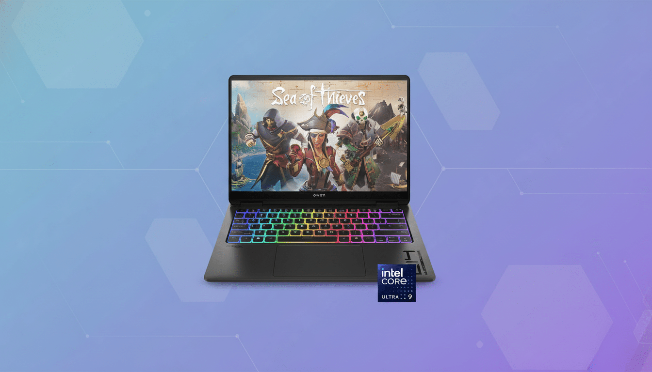 A black OMEN gaming laptop with a colorful RGB keyboard and the game Sea of Thieves displayed on its screen, set against a professional flat design background with soft purple and blue gradients and subtle geometric patterns.