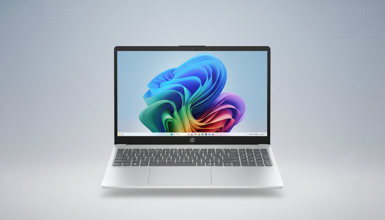 A silver HP laptop with a colorful abstract wallpaper on the screen, presented on a professional light gray background with subtle geometric patterns.