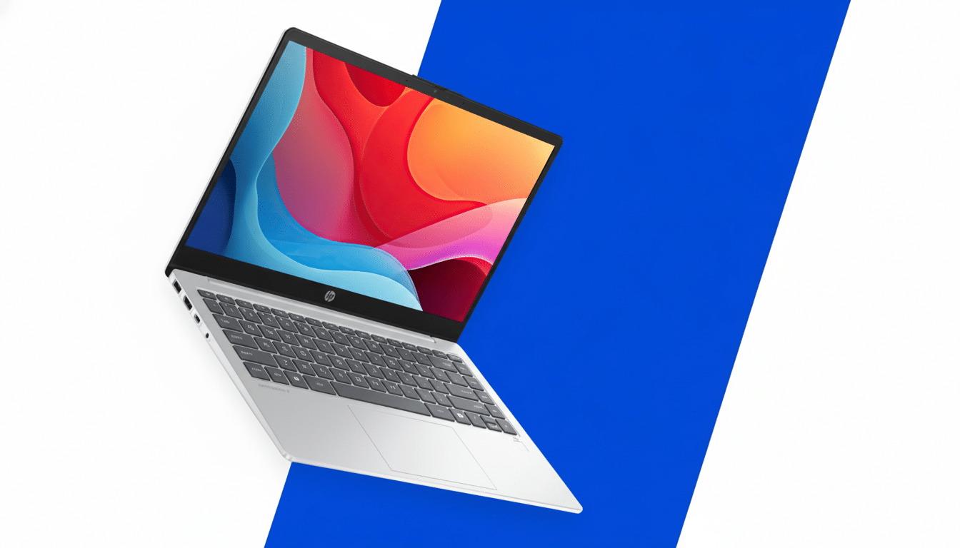 A silver HP laptop with a colorful abstract wallpaper on its screen, set against a background that is half white and half blue.