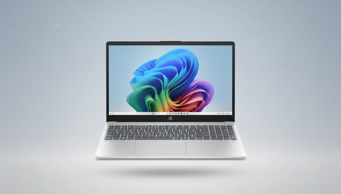 A silver HP laptop with a colorful abstract wallpaper on its screen, set against a professional flat design background with soft patterns and gradients.