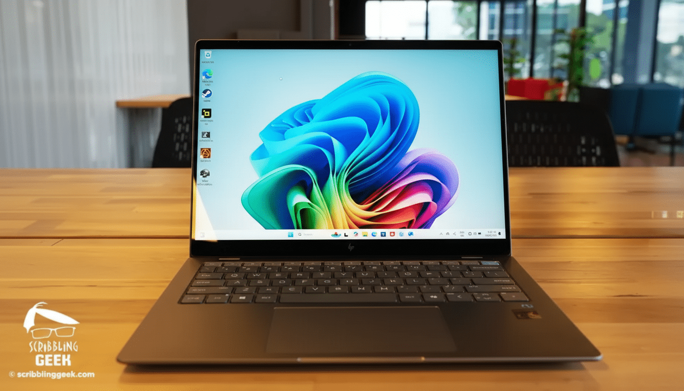 A laptop with a colorful desktop background, resized to a 16:9 aspect ratio.