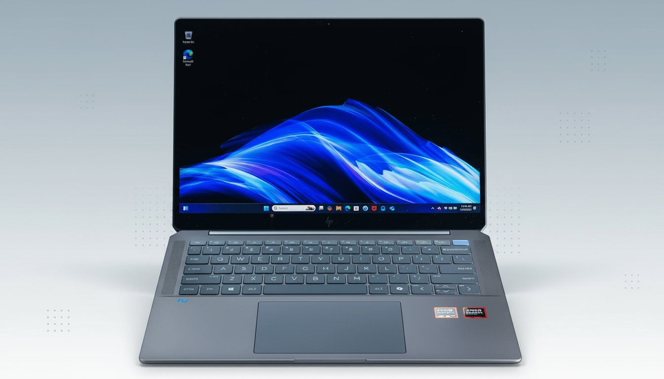 A silver laptop with a blue and black abstract wallpaper on its screen, set against a light gray background with subtle grid patterns.