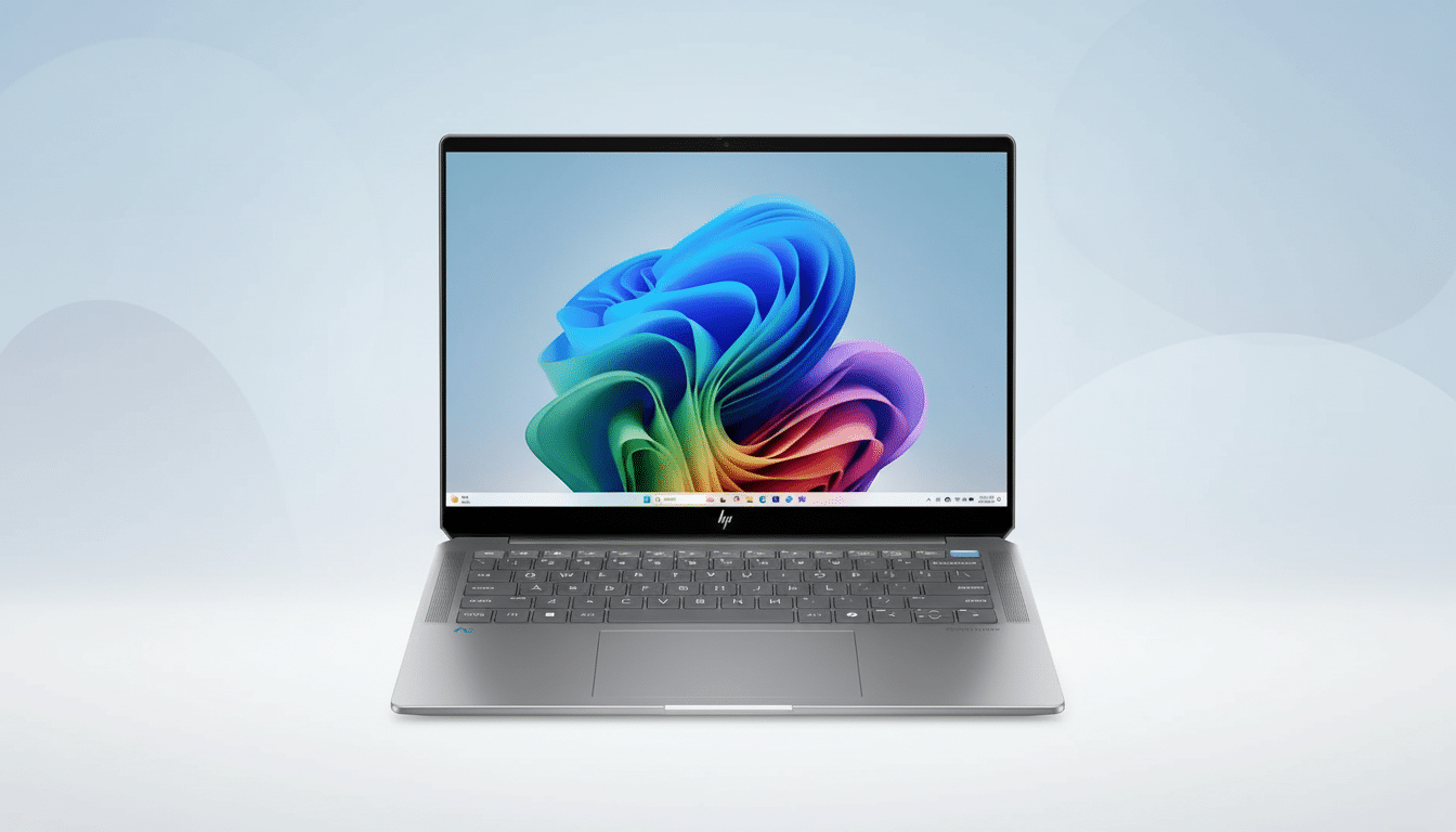 A silver HP laptop with a colorful abstract wallpaper on its screen, presented on a professional light blue gradient background.