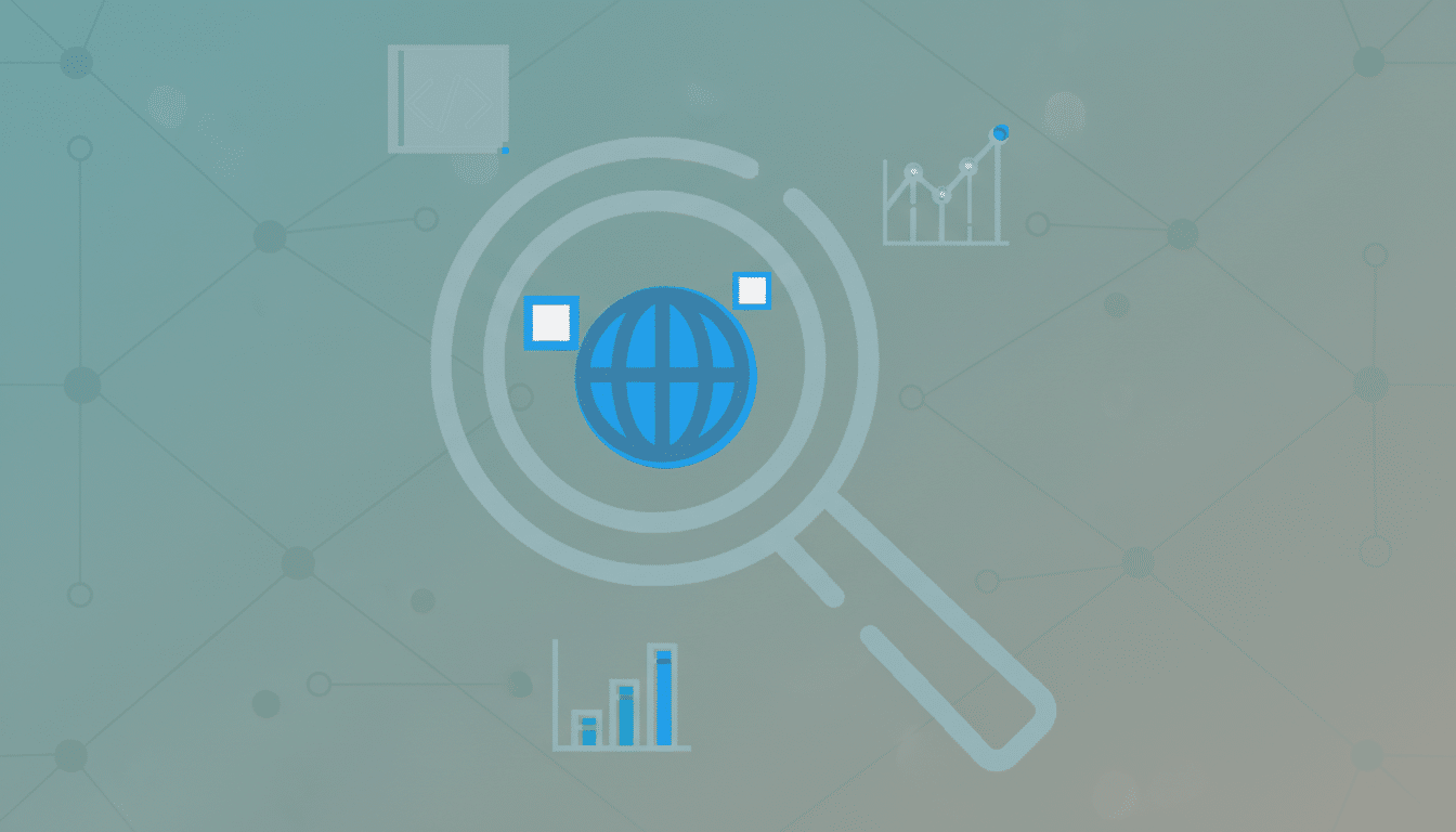 A professional, enhanced image with a 16:9 aspect ratio, featuring a magnifying glass icon over a globe, surrounded by various data and coding icons, set against a soft, gradient background with subtle network patterns.