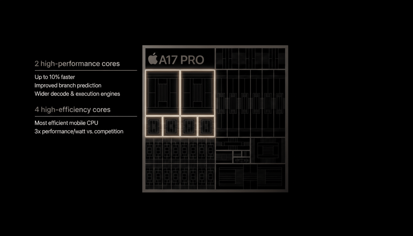 A detailed diagram of the Apple A17 Pro chip, highlighting its 2 high-performance cores and 4 high-efficiency cores, with accompanying text describing its features and improvements.