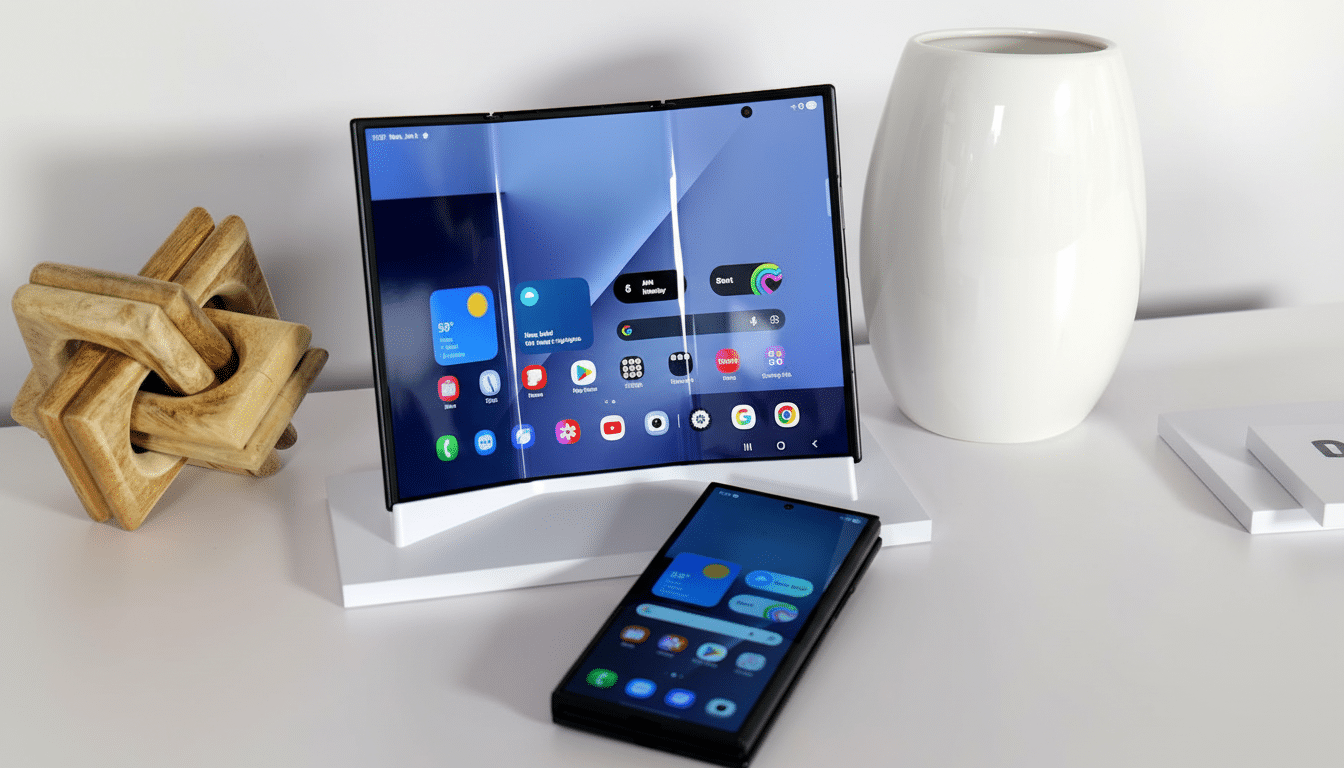A large foldable smartphone displayed in a partially folded, upright position next to a smaller, fully folded smartphone, both showing app icons on their screens.