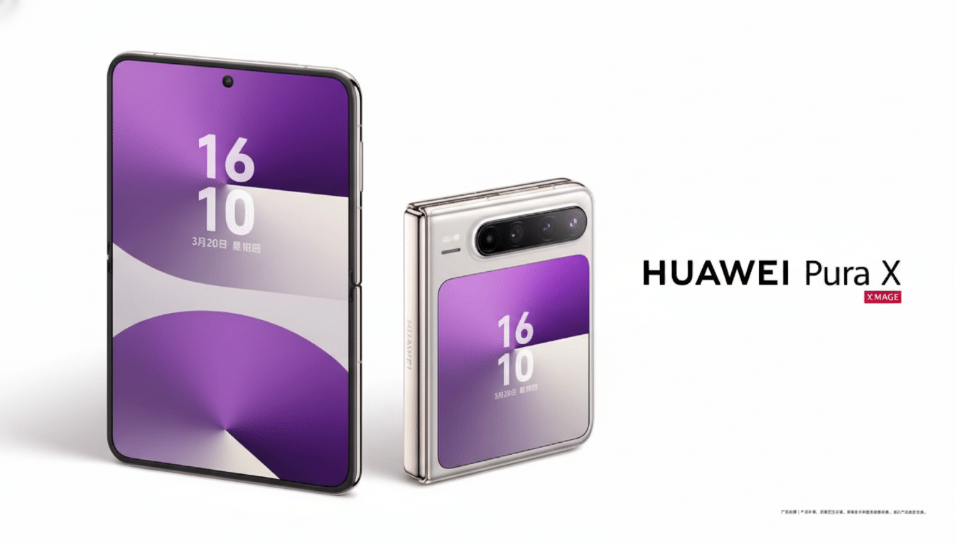 A Huawei Pura X foldable phone, shown both unfolded and folded, against a clean white background with the brand logo.