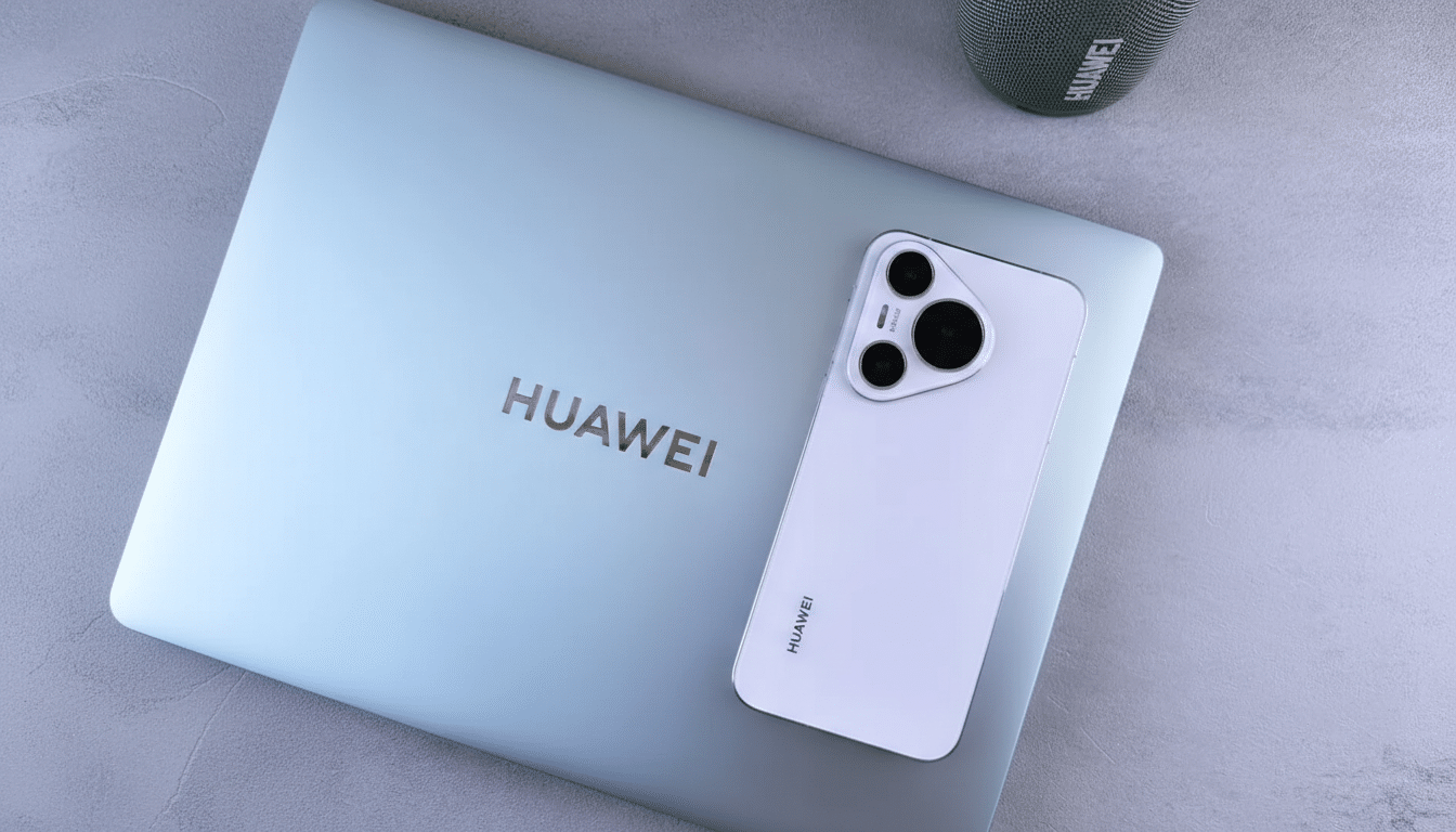 A white Huawei smartphone resting on a silver Huawei laptop, with a green speaker visible in the top right corner.