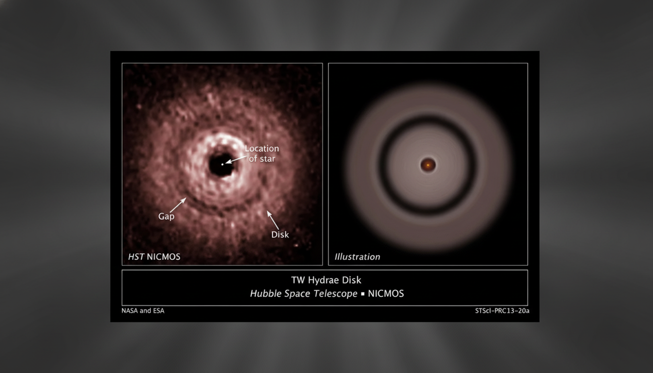 A split image showing a Hubble Space Telescope NICMOS image of the TW Hydrae disk on the left, with a star, gap, and disk labeled, and an illustration of the disk on the right, both set against a professional flat design background with soft patterns.