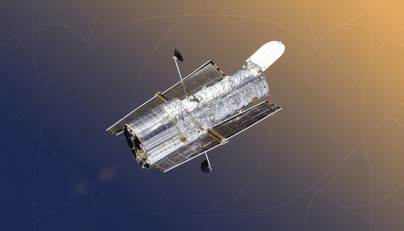 The Hubble Space Telescope against a professional flat design background with soft patterns and a gradient from blue to orange.