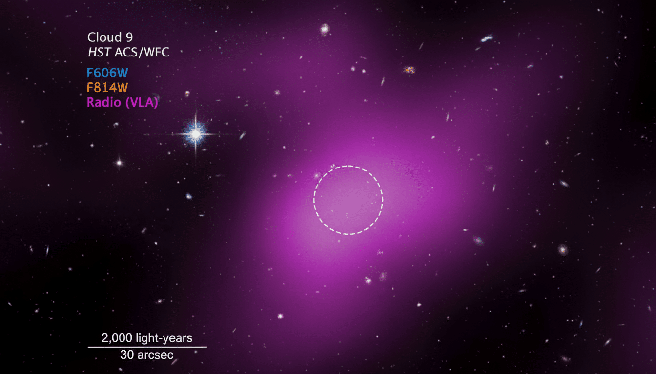 A deep space image showing a large, glowing purple cloud labeled Cloud 9 with a dashed white circle in its center. Numerous small galaxies and stars are scattered across the dark background. Text overlays indicate HST ACS/WFC, F606W, F814W, and Radio (VLA), along with a scale bar for 2,000 light-years and 30 arcsec.