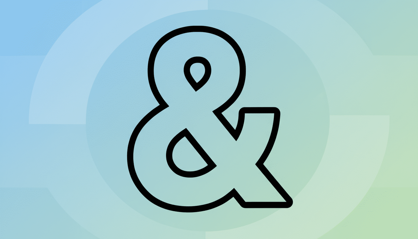A black ampersand symbol with a thick outline, centered on a professional flat design background with soft blue and green gradients and subtle geometric patterns.