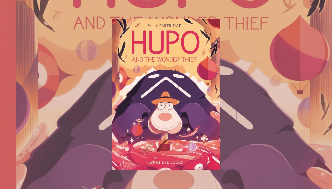 The book cover for Hupo and the Wonder Thief by Billy Partridge, featuring a cartoon character with a hat and glasses in the foreground, with a large purple creature behind it, set against a whimsical background.