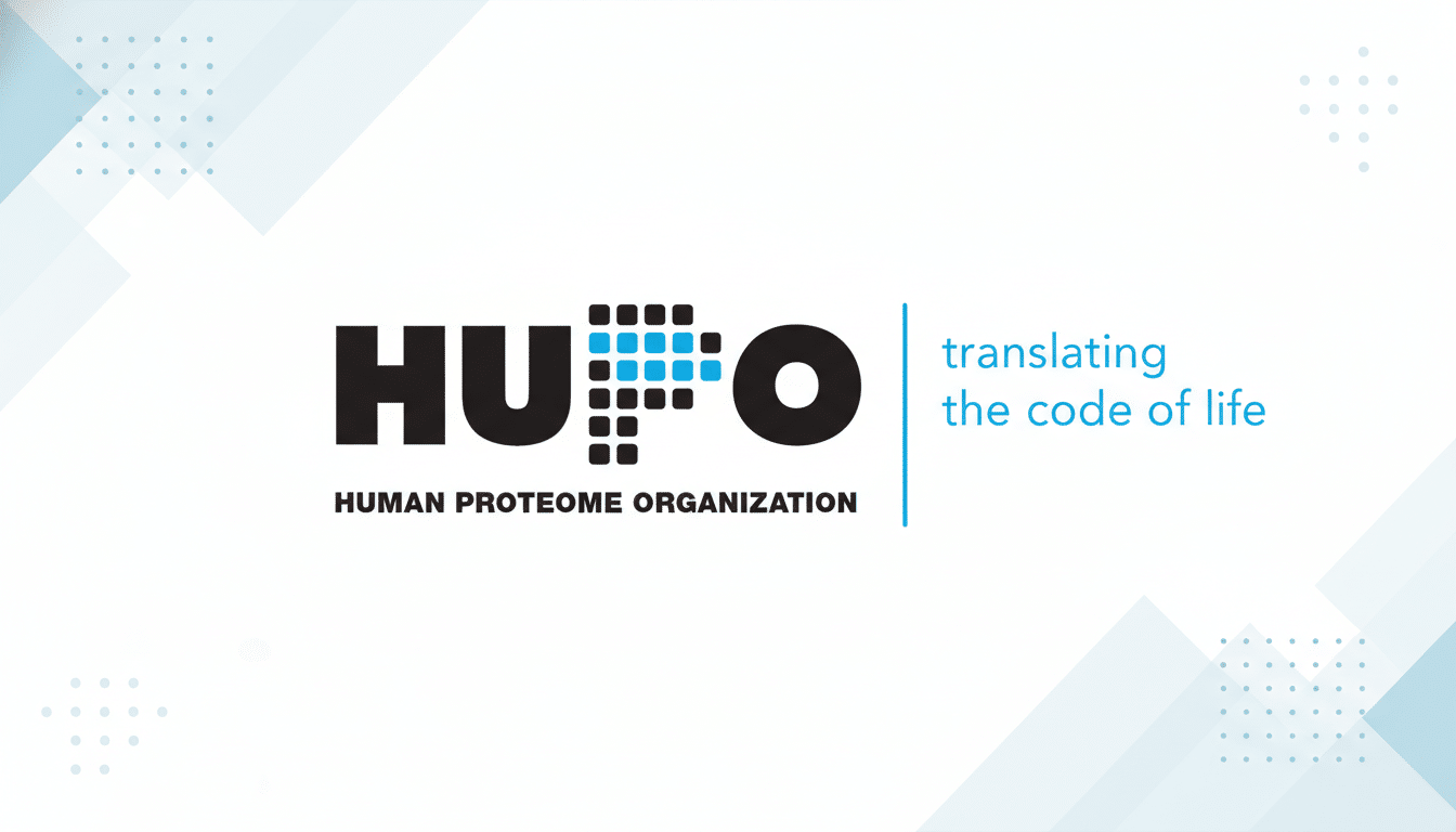 The HUPO (Human Proteome Organization) logo, featuring HUPO in black with a blue pixelated P, and the tagline translating the code of life in blue, set against a professional flat design background with soft blue and gray geometric patterns.