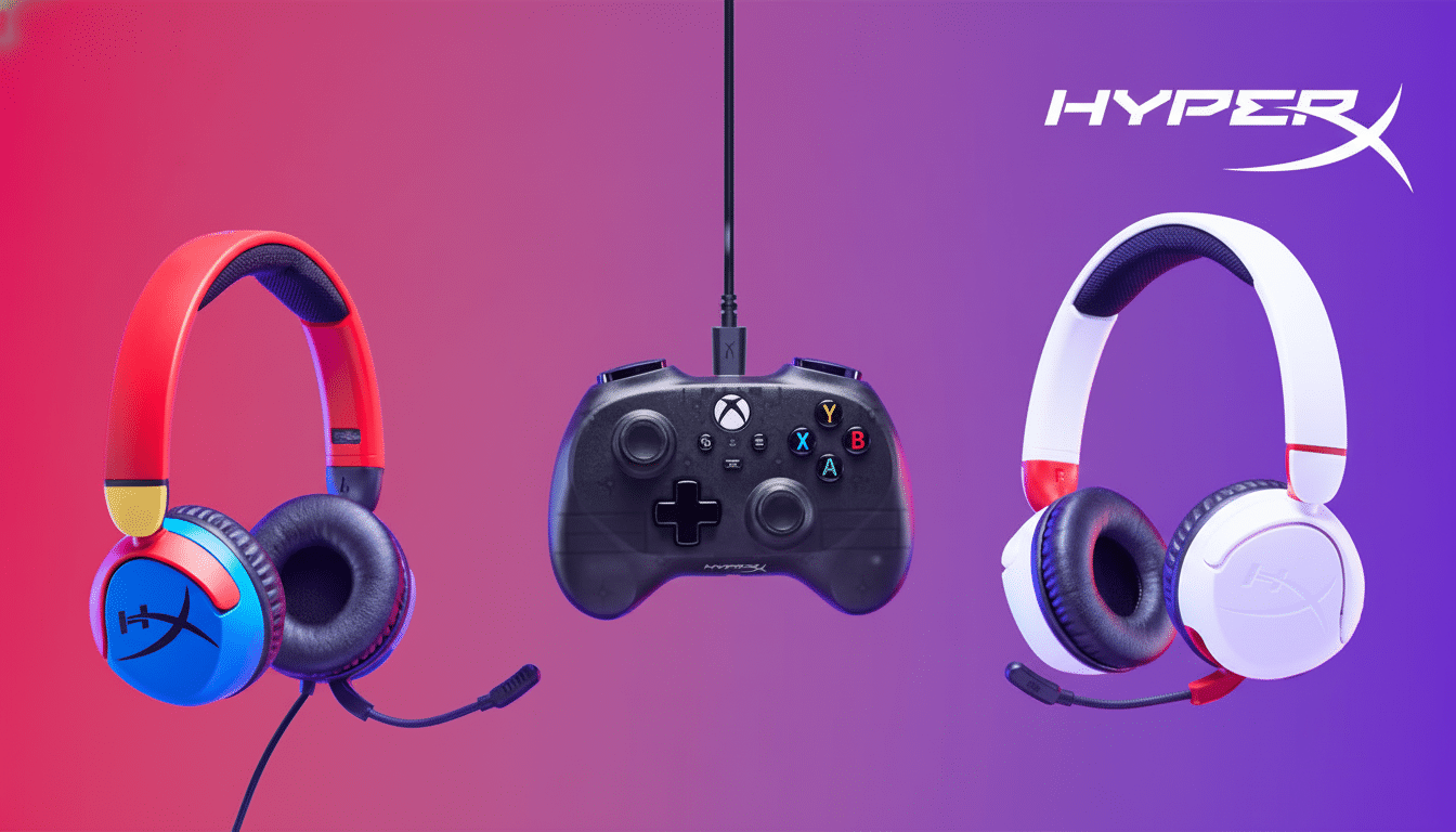 A black Xbox controller hangs between two HyperX gaming headsets, one red and blue, the other white and red, against a gradient background.
