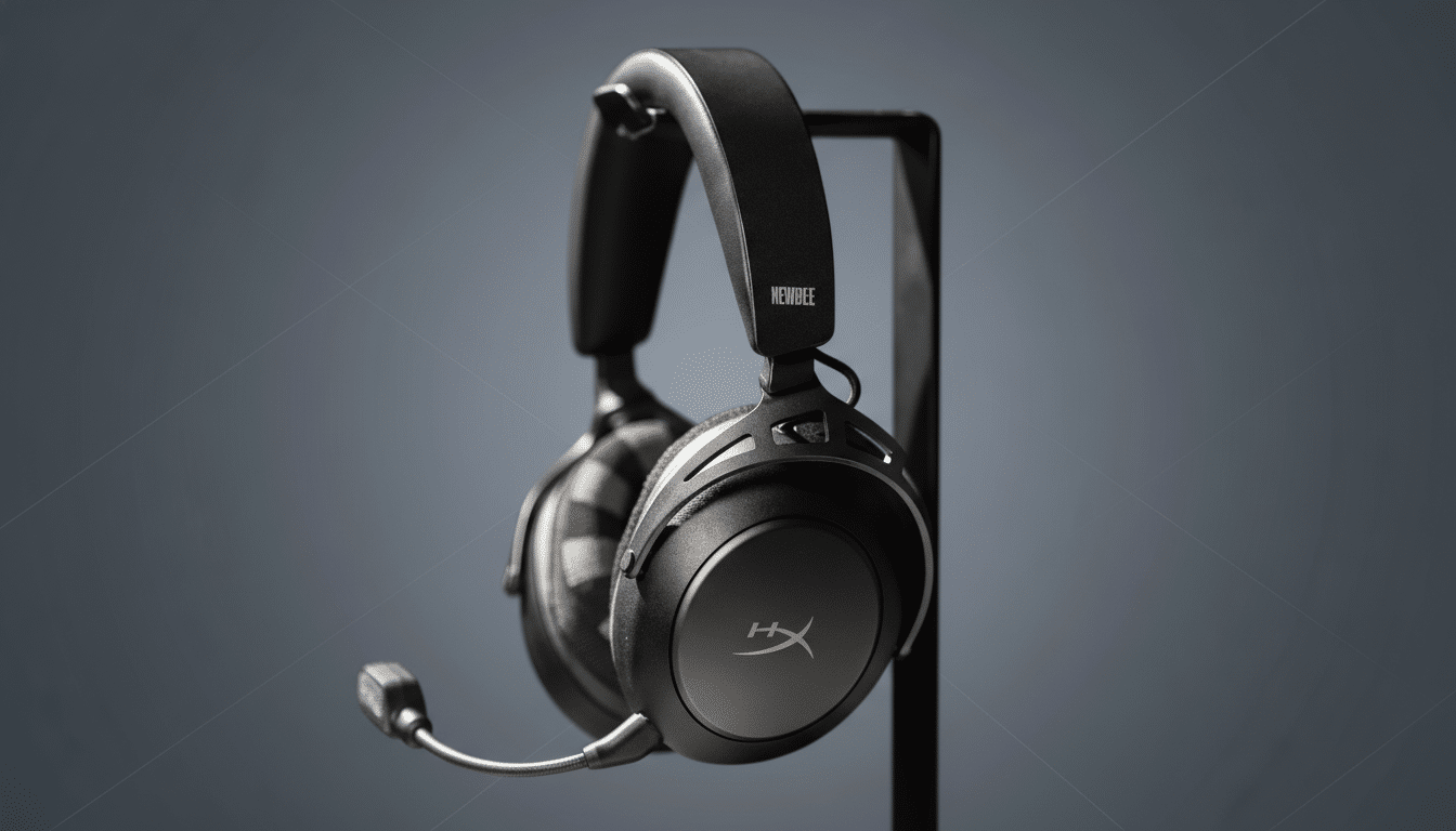 A pair of black HyperX gaming headphones with a microphone, resting on a stand against a professional flat gray background with subtle patterns.