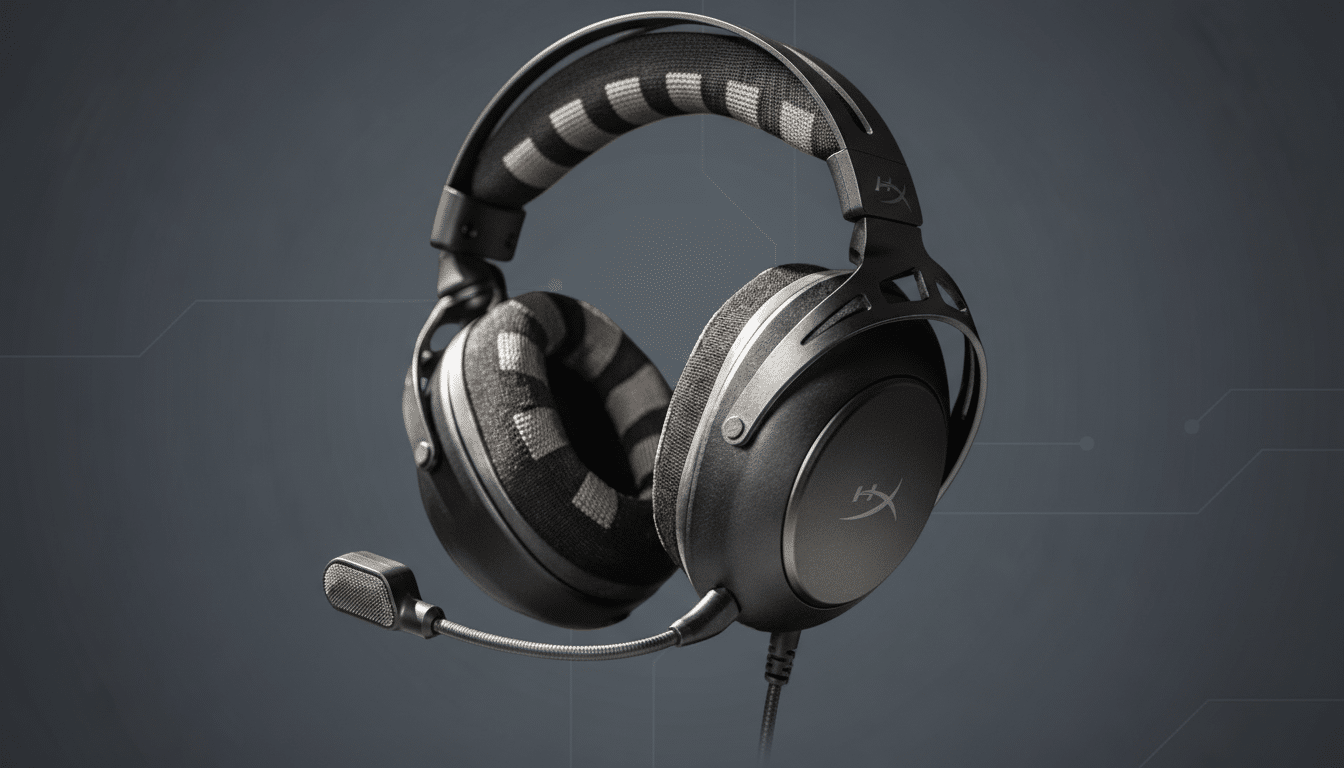 A pair of black HyperX gaming headphones with a microphone, presented on a professional flat gray background with subtle circuit-like patterns.