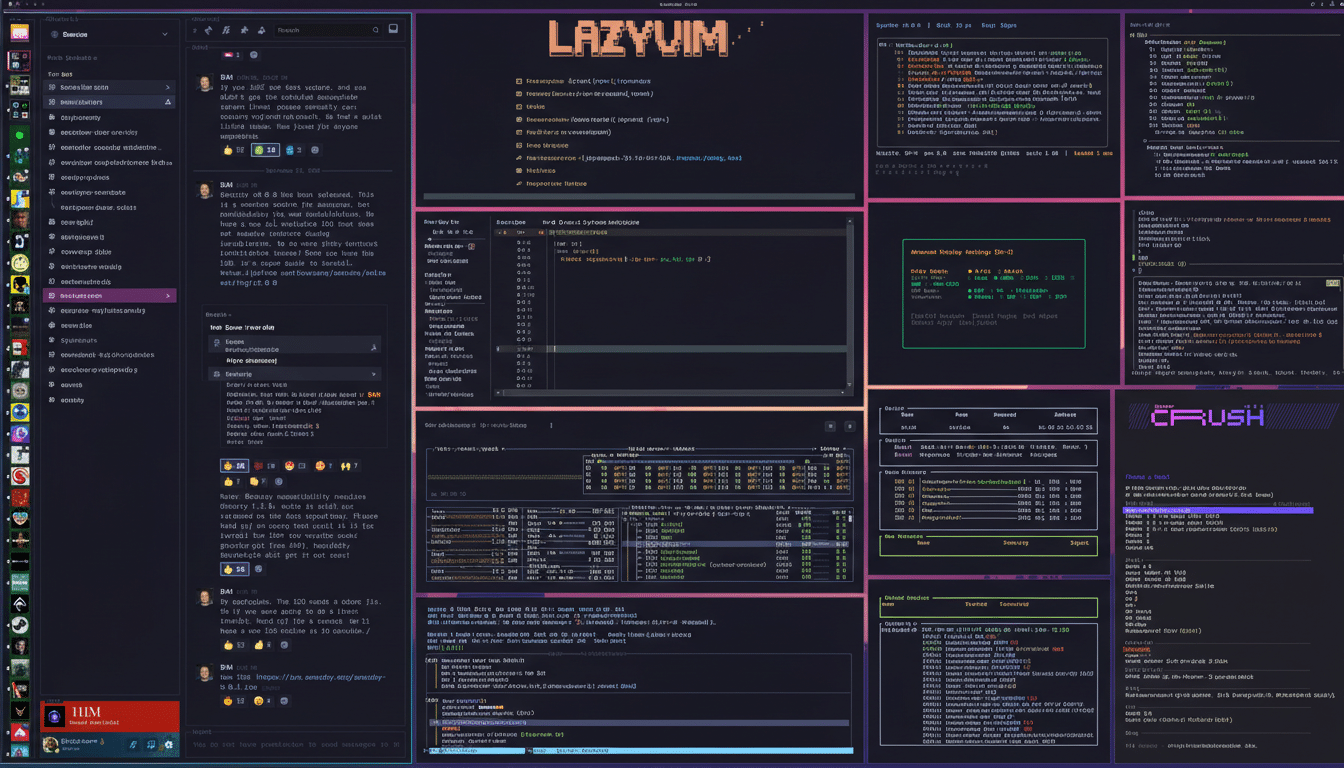 A screenshot of a desktop environment with multiple terminal windows open, displaying various system information, code, and application interfaces.