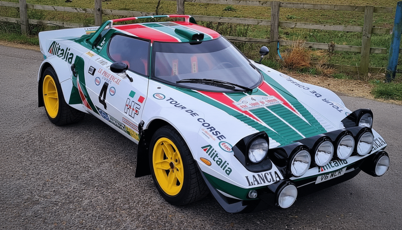 A white Lancia Stratos rally car with green and red stripes, yellow wheels, and multiple front-mounted rally lights, parked on asphalt with a wooden fence and green field in the background.