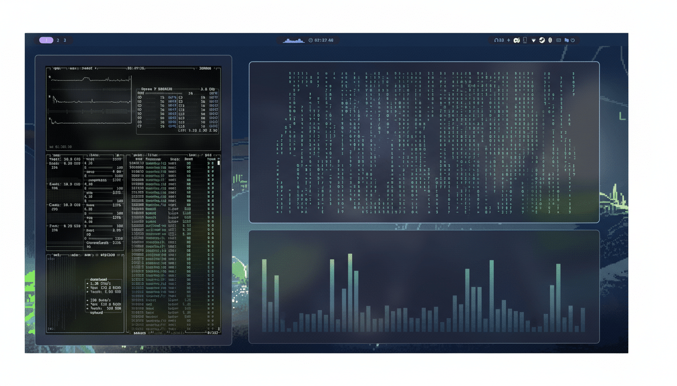 A professional, enhanced image of a computer screen displaying various system monitoring tools and data, resized to a 16:9 aspect ratio. The background has been changed to a clean, professional flat design with soft patterns and gradients, while the original screen content remains unchanged.