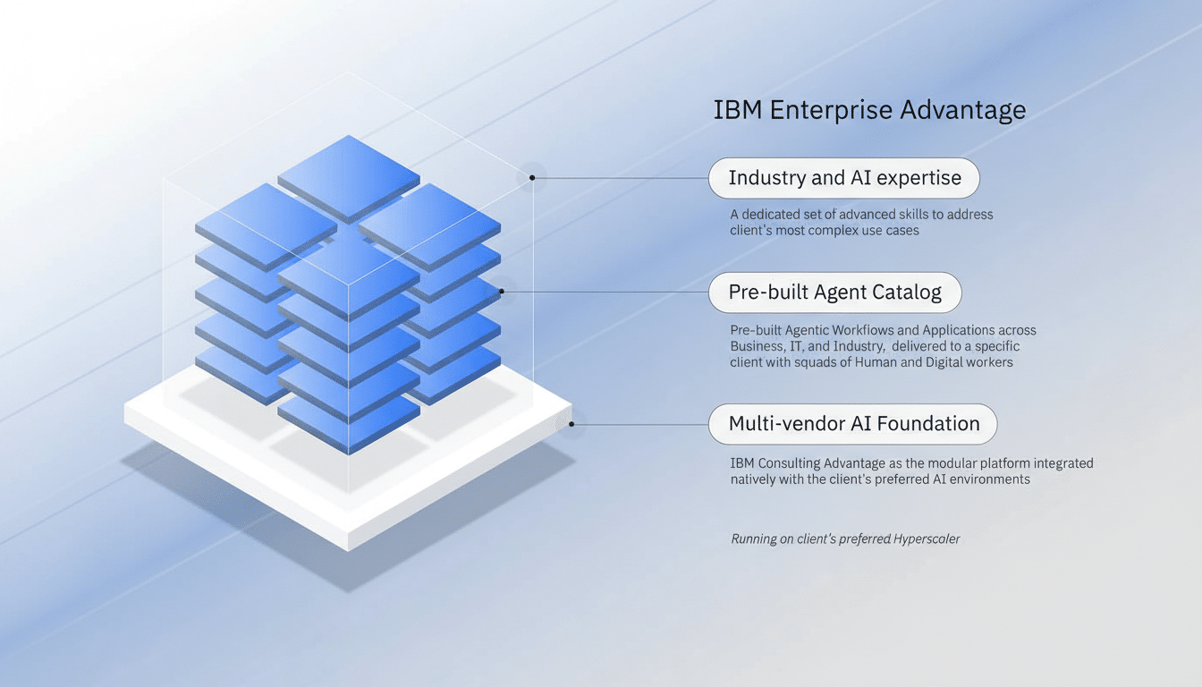 A professional diagram titled IBM Enterprise Advantage with three key points: Industry and AI expertise, Pre-built Agent Catalog, and Multi-vendor AI Foundation. The diagram features a 3D representation of stacked blue blocks within a transparent cube, symbolizing a modular and integrated system.