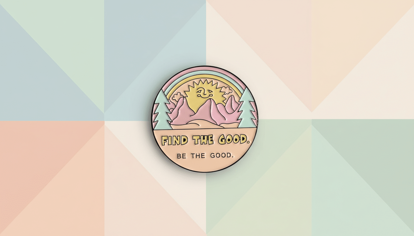 A circular enamel pin with a pastel design featuring mountains, trees, a rainbow, and a smiling sun, with the text FIND THE GOOD. BE THE GOOD. on a professional flat design background with soft geometric patterns in muted colors.
