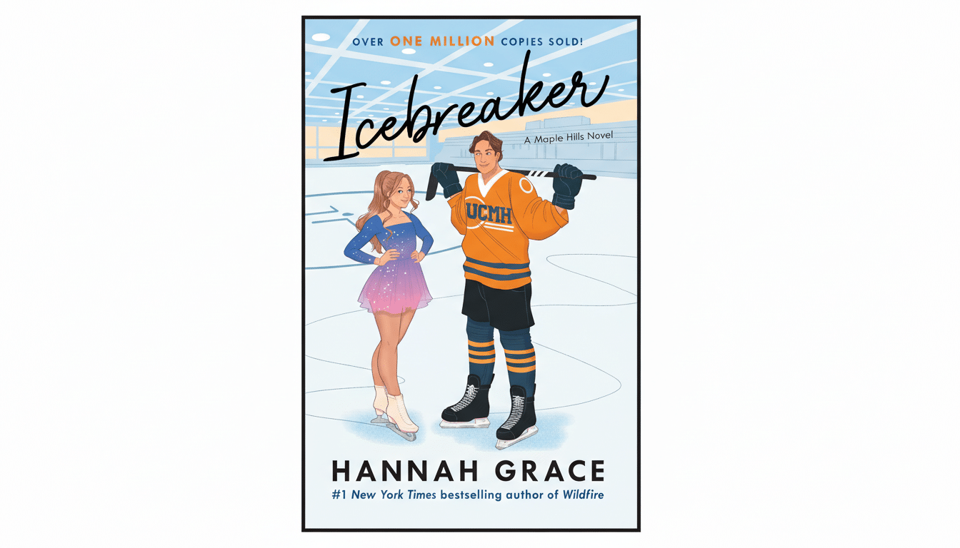 The book cover for Icebreaker by Hannah Grace, featuring a female figure skater and a male hockey player on an ice rink.