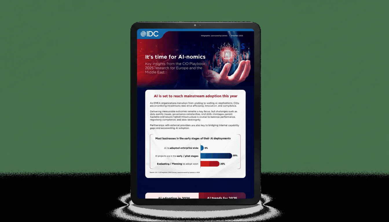 A tablet displaying an infographic titled Its time for AI-nomics with a hand reaching towards an AI chip, set against a professional flat design background.