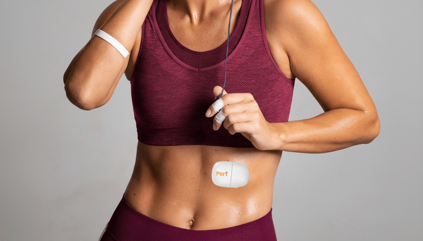 A person wearing a maroon sports bra and matching leggings, with a white medical device labeled Per1 attached to their abdomen. They are holding a thin blue wire connected to the device.