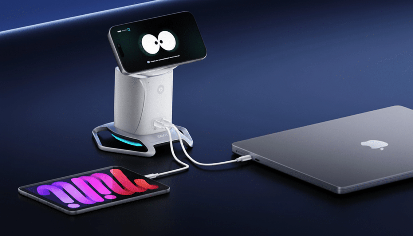 A white charging hub with a smartphone displaying a cartoon face, a tablet, and a laptop connected by white cables on a dark blue surface.