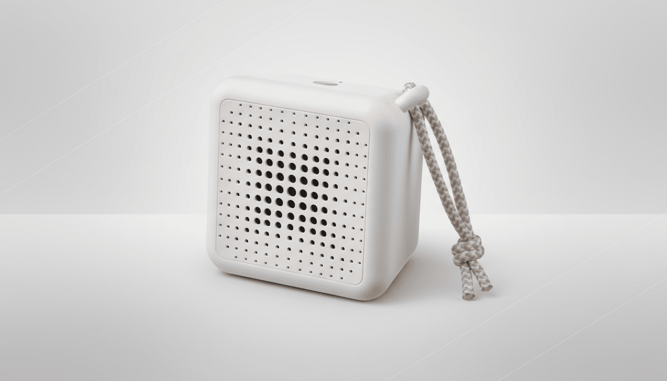 A white, cube-shaped portable speaker with a perforated front grille and a braided rope handle, set against a professional light gray background with subtle geometric patterns.