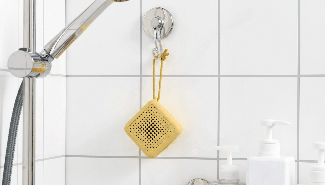 A yellow, square-shaped shower speaker hanging from a suction cup hook on a white tiled shower wall, with a shower head and bottles of soap visible.