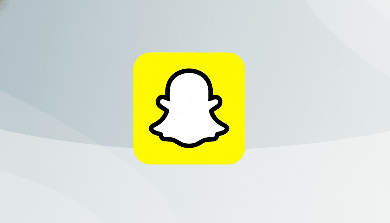 The Snapchat ghost logo, a white ghost outline on a yellow square with rounded corners, centered on a professional flat design background with soft gray and white gradients and subtle wave patterns.