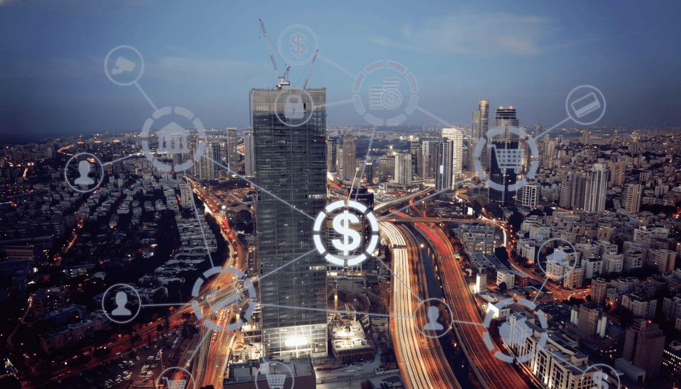 An aerial view of a city at dusk, with a network of glowing financial icons overlaid, centered around a large dollar sign.