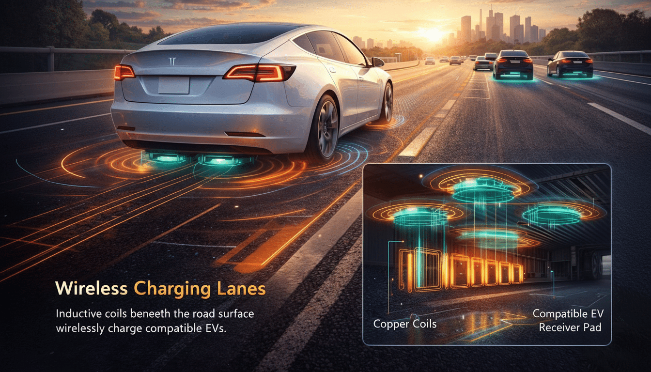 An image depicting a white electric vehicle driving on a highway with glowing blue and orange circles beneath it, illustrating wireless charging lanes. The text Wireless Charging Lanes and Inductive coils beneath the road surface wirelessly charge compatible EVs are visible. An inset diagram shows Copper Coils and a Compatible EV Receiver Pad with glowing orange and blue elements.