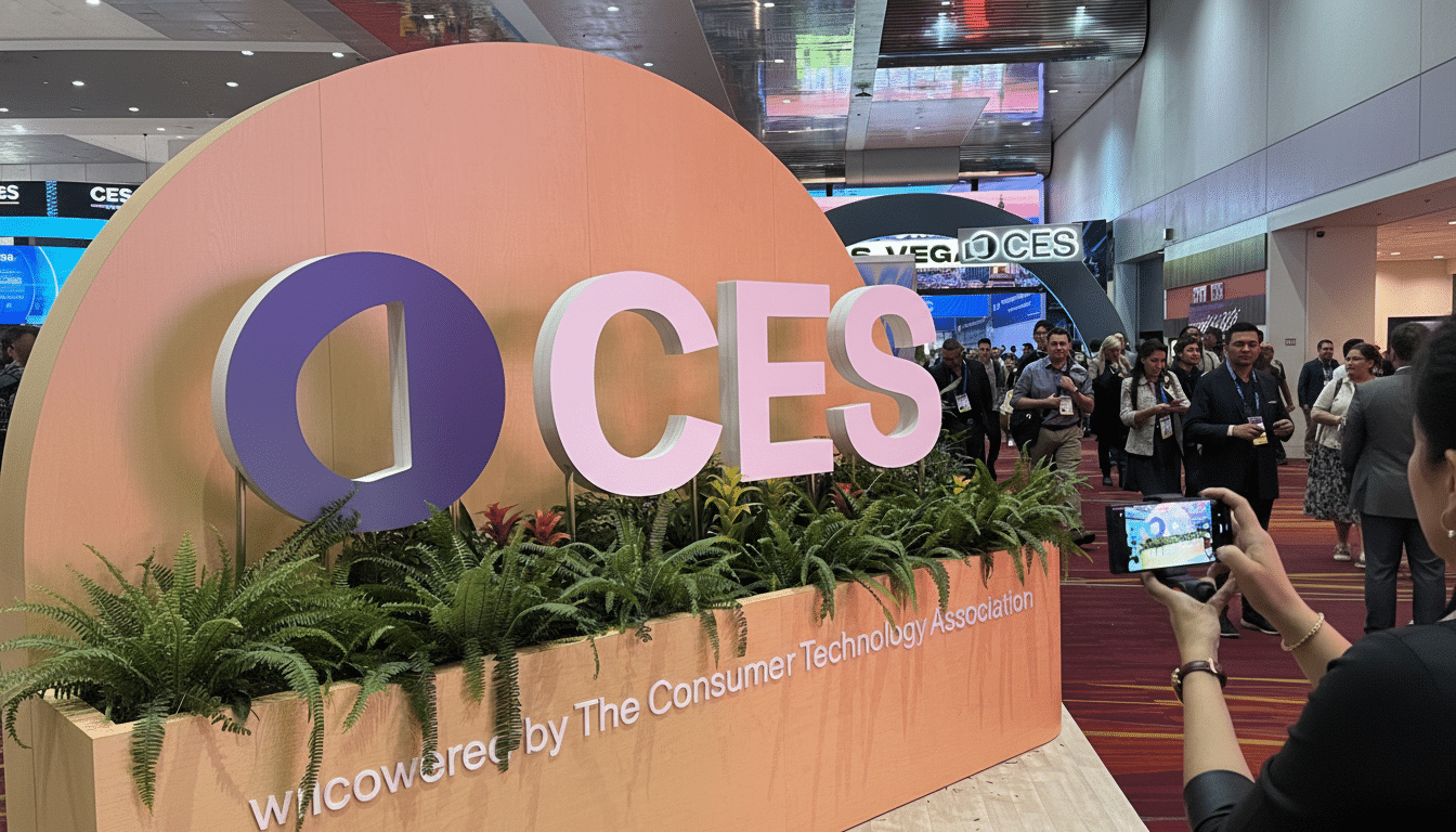 A wide shot of the CES logo display at a convention, with people walking in the background and one person taking a photo.