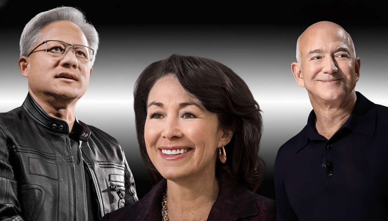 A 16:9 aspect ratio image featuring three individuals: Jensen Huang, Safra Catz, and Jeff Bezos, against a gradient background.