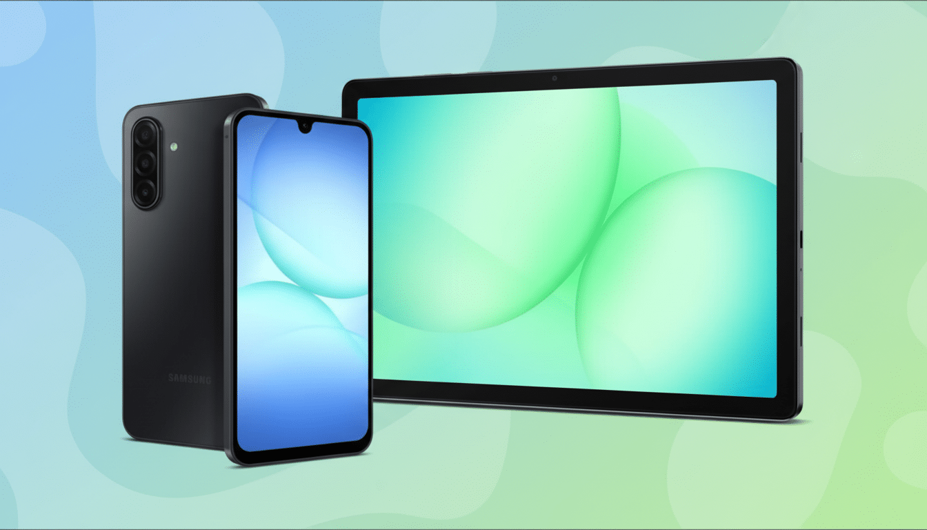 A black Samsung smartphone and tablet displayed against a professional flat design background with soft blue and green gradients and subtle organic patterns.