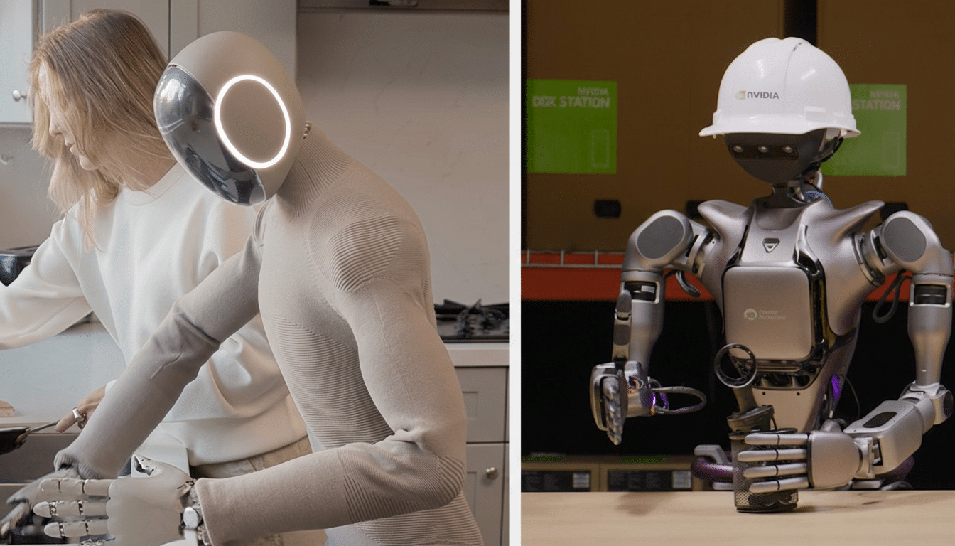 A split image showing a humanoid robot assisting a woman in a kitchen on the left, and a robot wearing a hard hat in a warehouse setting on the right.