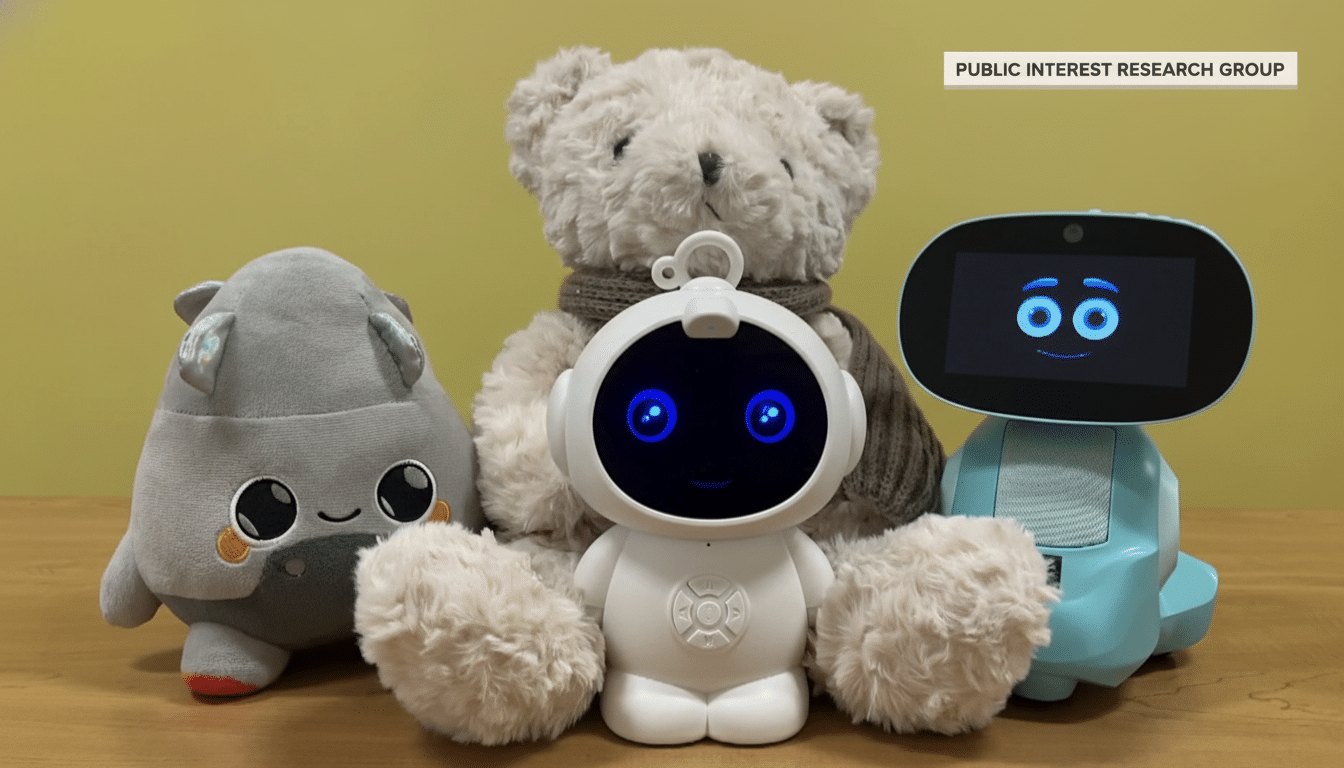 A group of three plush toys and two robots are arranged on a wooden surface against a yellow background. From left to right, there is a grey plush toy with small ears and a smiling face, a large light brown teddy bear wearing a scarf, a white robot with a blue glowing face, and a light blue robot with a screen displaying a smiling face.