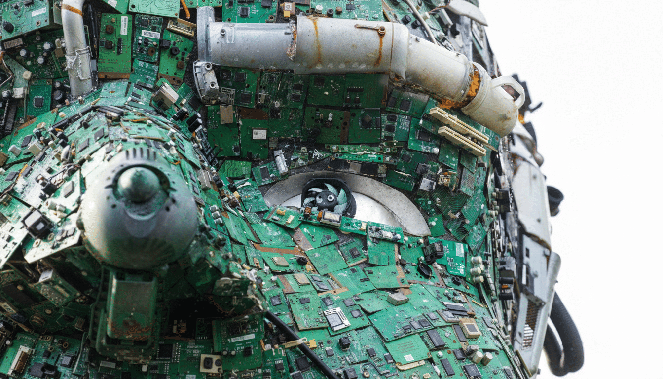 A close-up of a large sculpture made from recycled computer circuit boards, forming a face with a fan for an eye.