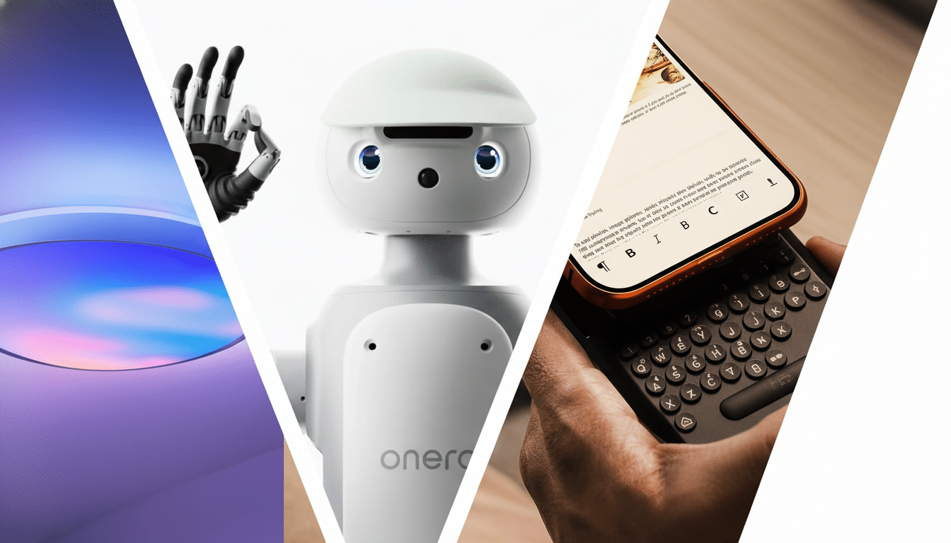 A collage of three images: a robotic hand, a white robot with a green cap, and a person typing on a smartphone with a physical keyboard attachment.