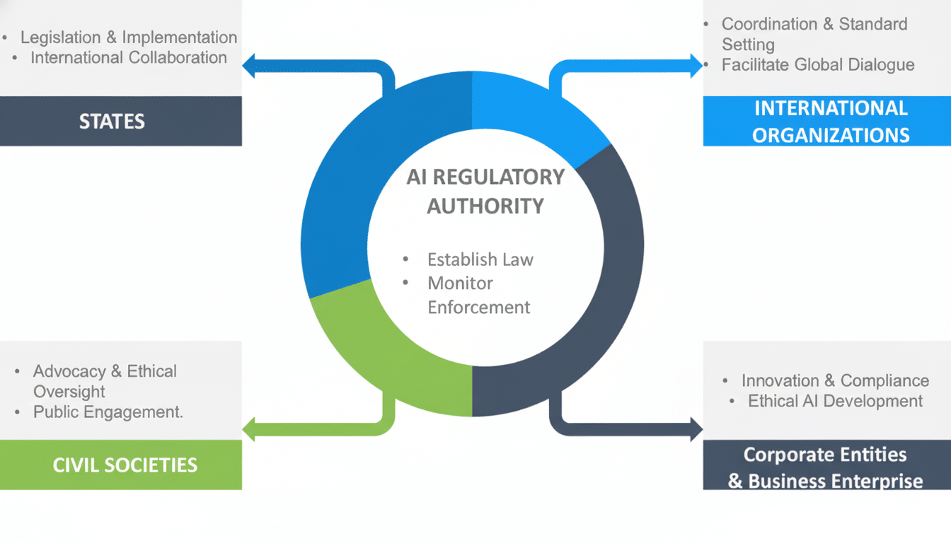 A diagram illustrating the AI Regulatory Authority at the center, with arrows connecting it to States, International Organizations, Corporate Entities & Business Enterprise, and Civil Societies, detailing their respective roles and interactions in AI regulation.