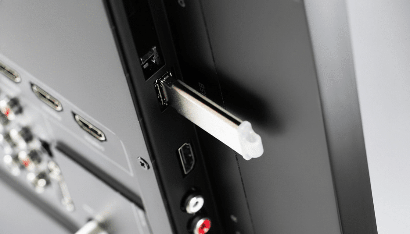 TV USB port close-up with flash drive connected, highlighting hidden features and benefits