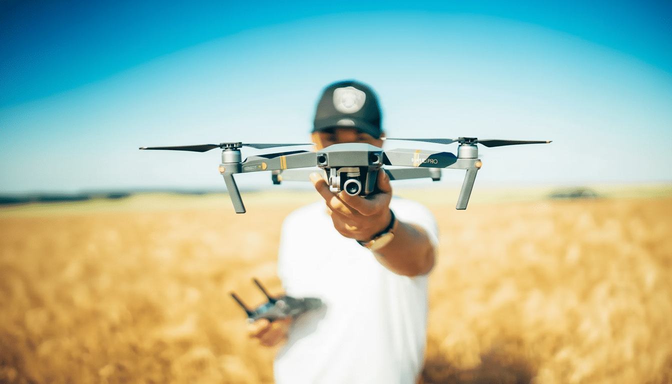 A person holding a drone in a field, resized to a 16:9 aspect ratio.