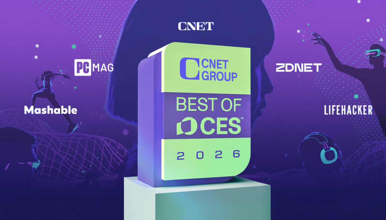 A 16:9 aspect ratio image featuring a Best of CES 2026 award in the center, surrounded by logos of tech publications like CNET, PC Mag, ZDNet, Mashable, and Lifehacker, all set against a futuristic purple background with silhouettes of people interacting with technology.