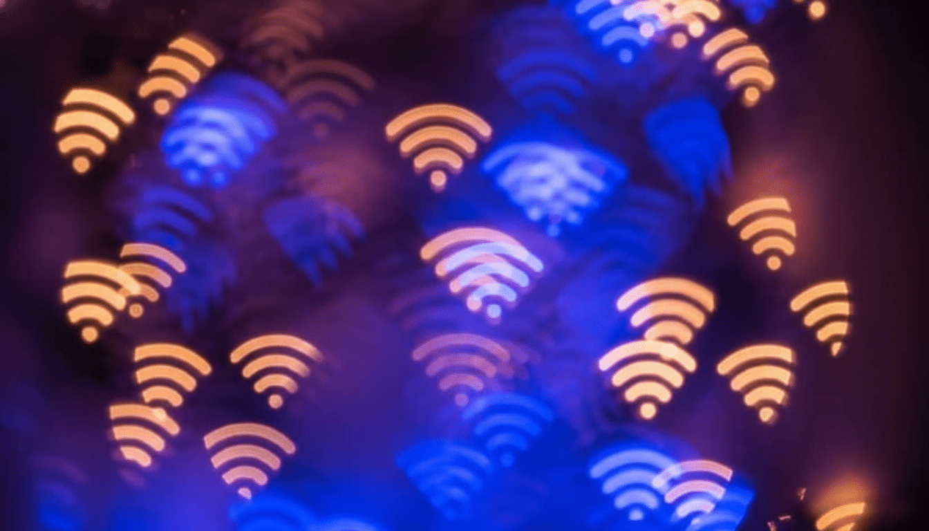 A blurred image of numerous orange and blue Wi-Fi signal icons, appearing as bokeh lights against a dark background.