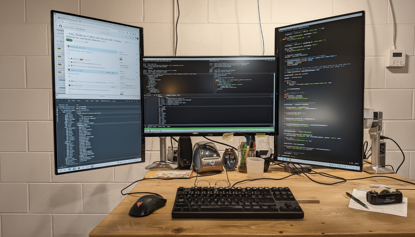 A desk setup with three computer monitors, a keyboard, and a mouse. The monitors display code and various applications.