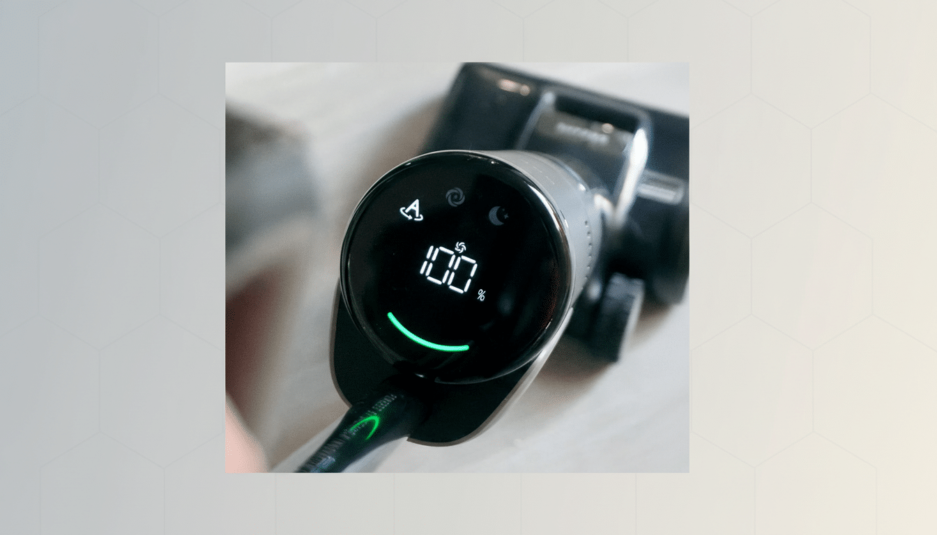 A close-up of a vacuum cleaners digital display showing 100% charge and a green charging indicator, set against a professional flat design background with soft hexagonal patterns.