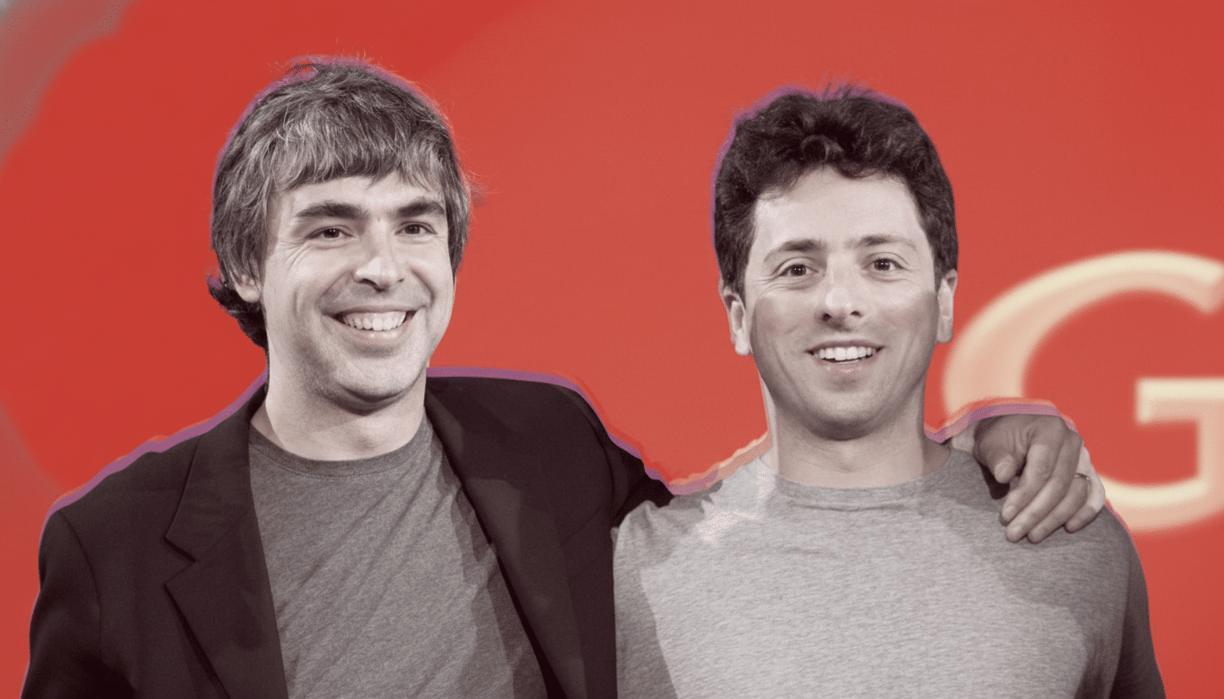 A professionally enhanced image of two men, Larry Page and Sergey Brin, smiling with their arms around each other, set against a red background.